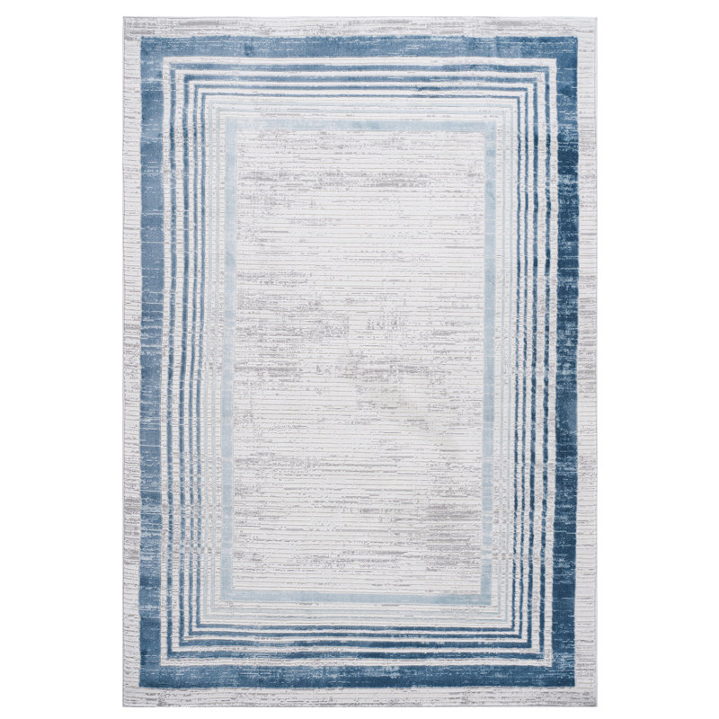 LOOM & LUXE Collection 6 Blue/Ivory/Bordered Non-Shedding Area Rug