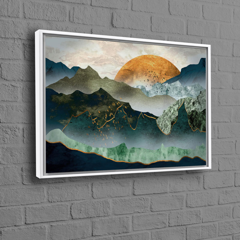 Paysage de montagne apaisant bleu et doré imprimé sur une toile de coton de qualité, idéale pour enrichir votre décor intérieur d'une élégance naturelle