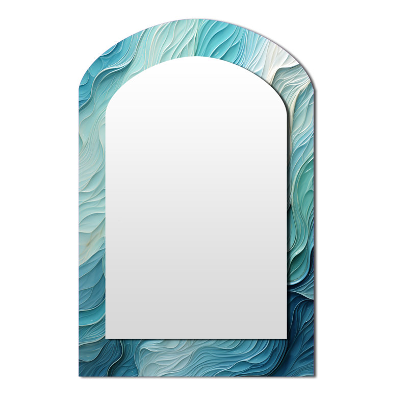 Turquoise bleu et blanc Serenity Swirl I - miroir décoratif asymétrique spirales abstraites, grand miroir mural arqué moderne, art imprimé en métal