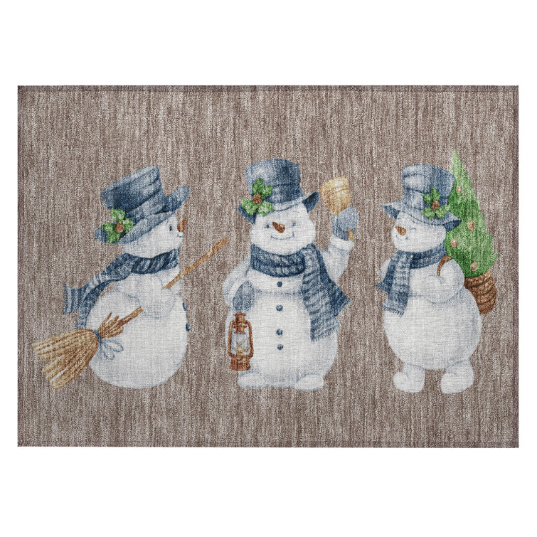 Machine Washable Indoor/Outdoor Christmas Snowman Xhevrie Taupe Rug