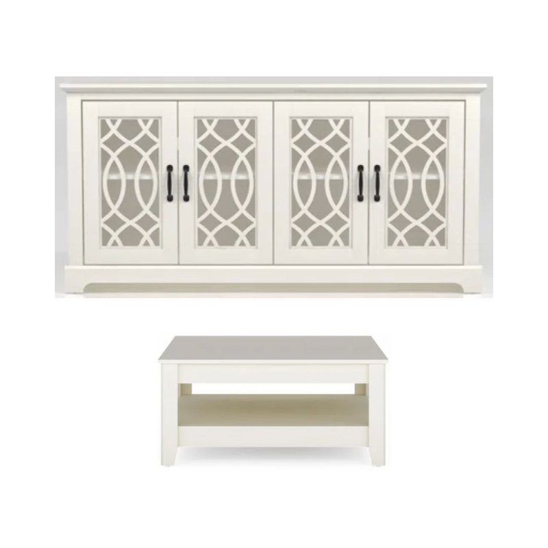Weddel Basilico Transitional 2 Piece Living Room Media And Coffee Table Set, Ivory, Ivory