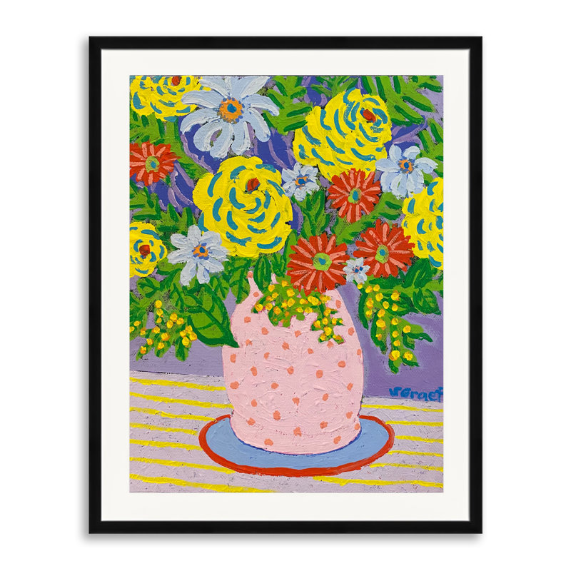 dans un vase à pois roses par Sue Graef - Peinture, Papier avec cadre noir, 30" H x 24" W