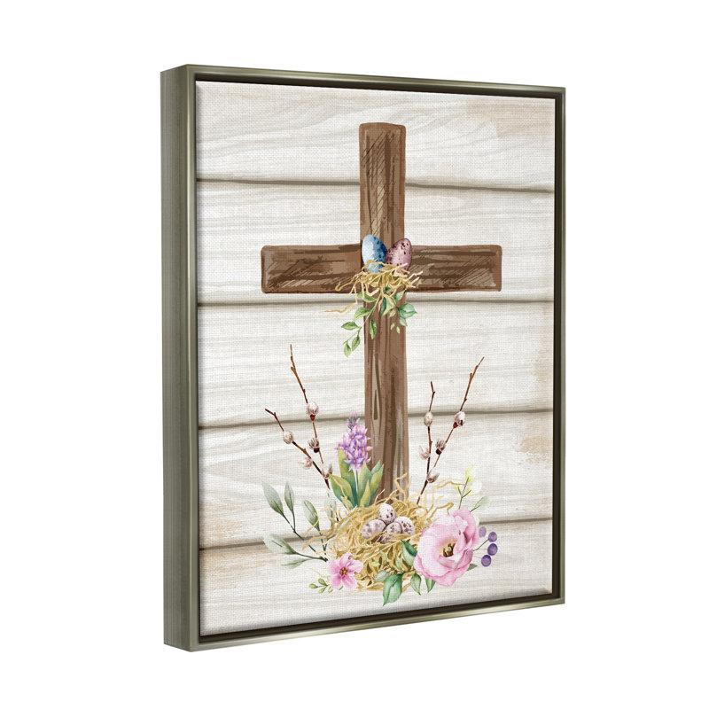 Spirituelle, croix de printemps, fleurs printanières, H 21 po x l 17 po x P 1,7 po, Cadre flottant gris lustré
