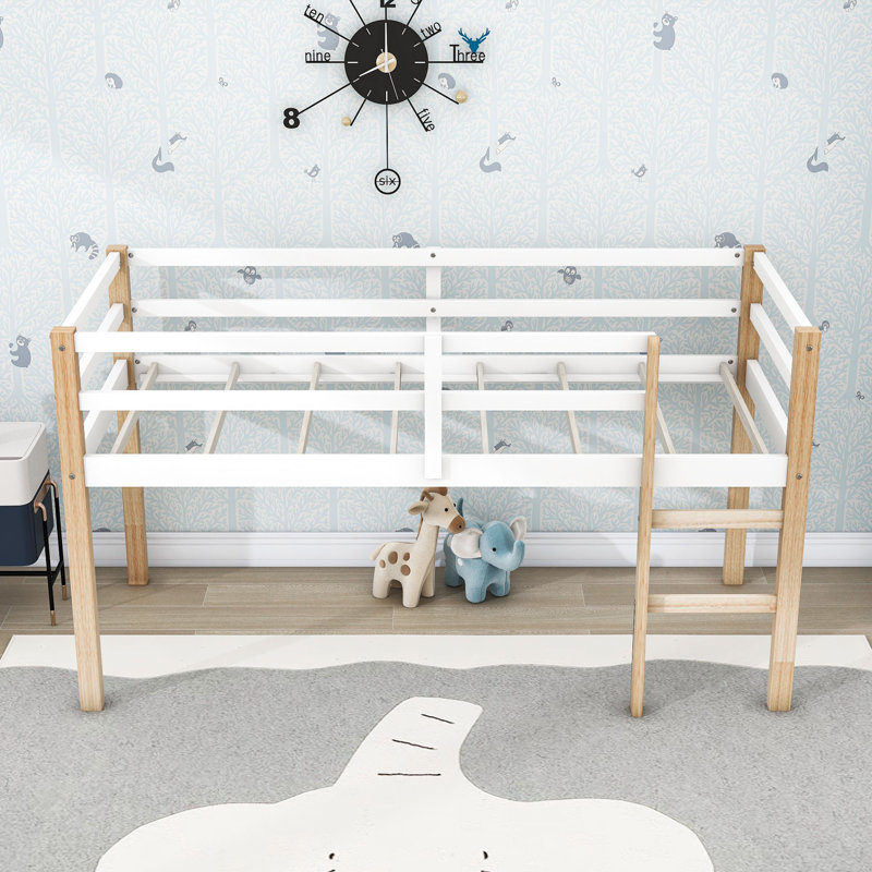 Twin Wood Loft Bed With Ladder And Guardrails, Low-Height Design