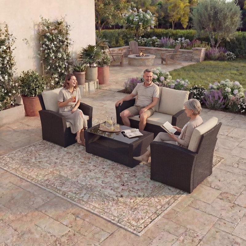 Custinne Rattan 5 - Person Seating Group with Cushions, UKFR Certified, Brown