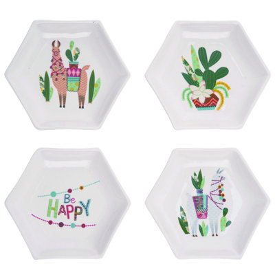  Ensemble de 4 assiettes en céramique hexagonale Southwest Lama Cactus