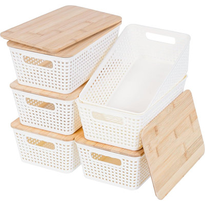 6-Pack Small White Plastic Storage Bins With Bamboo Lids – Organizer For Pantry, Shelves, Drawers, Desktop, Closet, Playroom, Office & Home