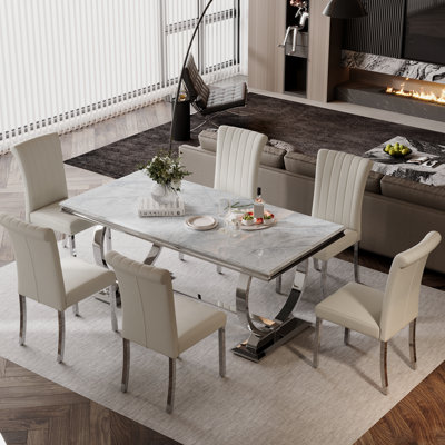 7 Piece Modern Grey Faux Marble And Silver Dining Table Set With 6 White Leather Dining Chairs