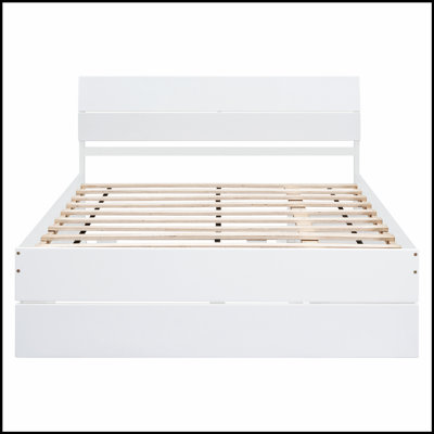 Structure de lit avec lit gigogne et 2 tiroirs, finition blanche ultrabrillante pour les chambres modernes et fonctionnelles