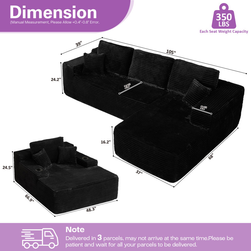 Canapé-lit modulaire, canapé convertible pour le salon, Face à la droite, Peluche noire
