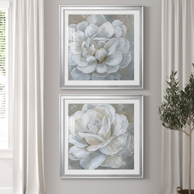 «Bombshell Bloom I», ensemble de 2 reproductions d'art sur toiles, H 26,5 po x l 53 po, Papier encadré noir, Argent argent