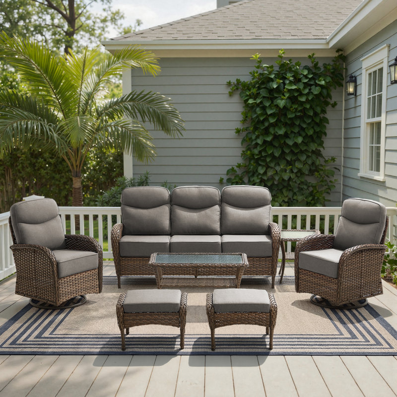 Alakai 7 Piece Outdoor Wicker Garden Party Conversation Set With Swivel Chairs, Sofa, Ottomans And Tables, Gray