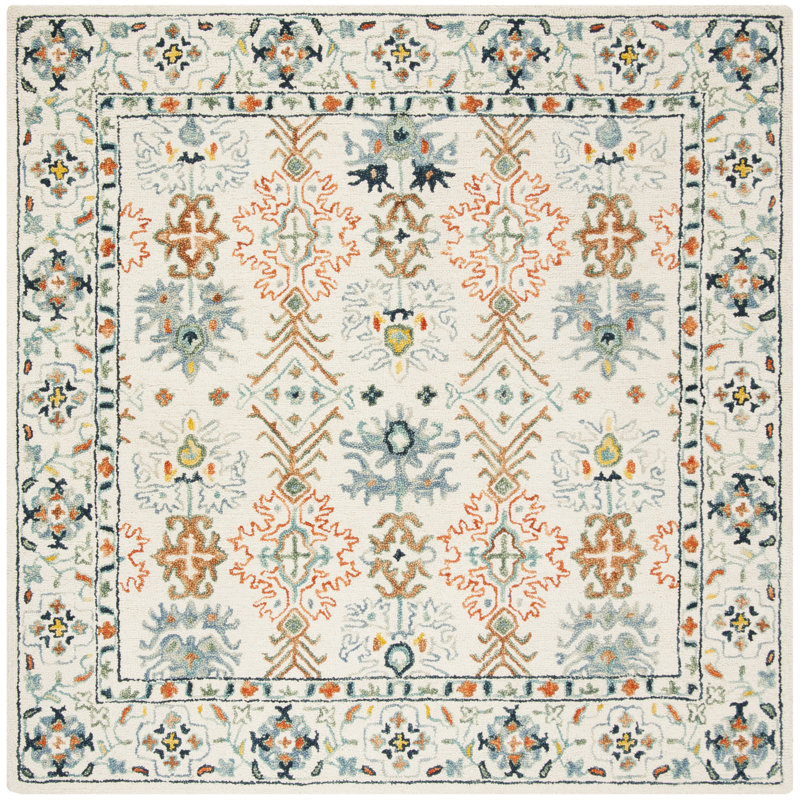 Tapis oriental en laine / coton touffeté à la main Vahakn - orange / ivoire / bleu, Carré 3 pi