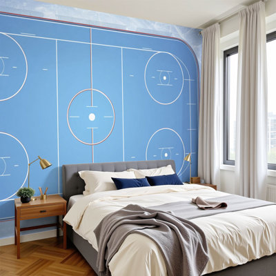 Peel and Stick Wallpaper 96" W x 69" H Modern Self Adhesive Wall Mural for Bedroom Ice Hockey Rink Overhead View Championship Empty Field Game Goal
