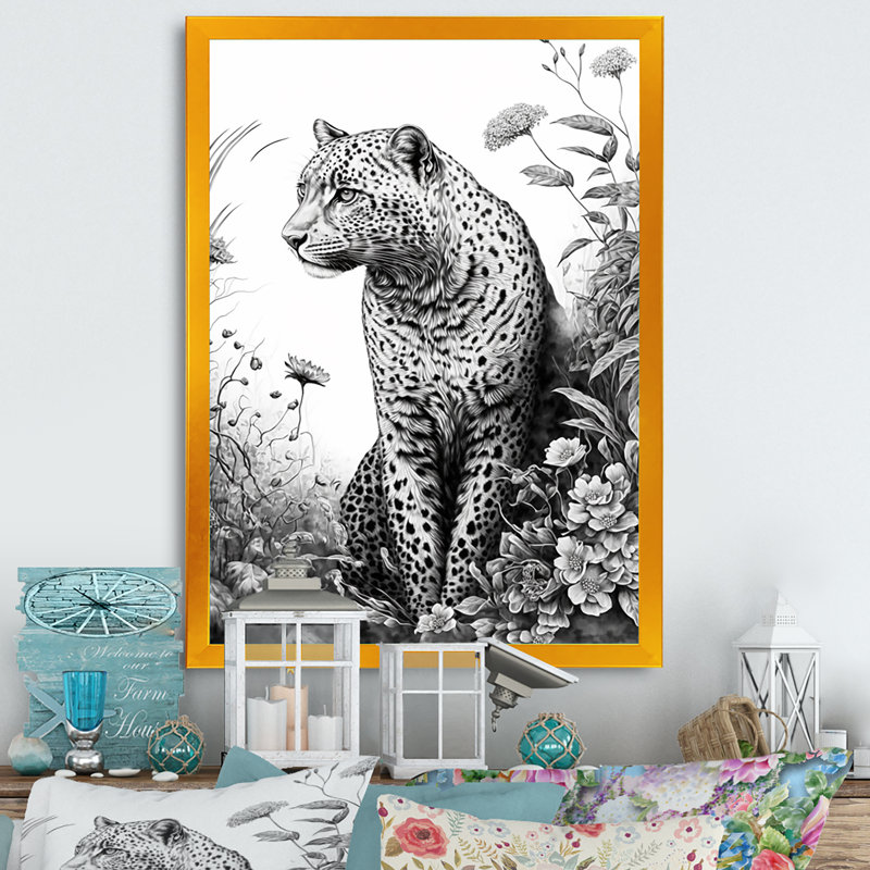 Léopard noir et blanc dans la jungle - reproduction d'art sur toile, H 40 po x l 30 po x P 1,5 po