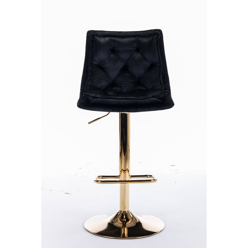 Of 2 Black Velvet Swivel Bar Stools, Base And Footrest, Adjustable Height With Mechanical Lift System 2pcs Chairs, Footrest Base, Attractive Design