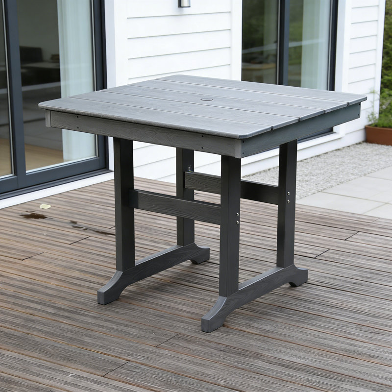 Weather Resistant Outdoor Patio Dining Table, Modern Grey Hdpe Construction With Umbrella Hole For Lawn, Yard And Patio Use