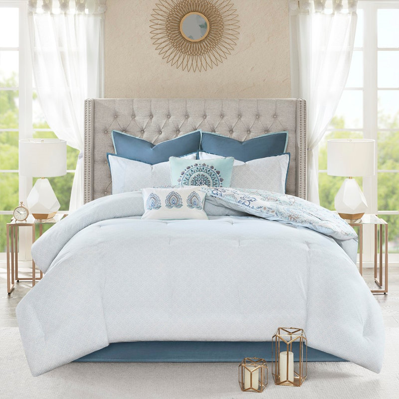 Literie 8 pièces en coton bleu grand - réversible avec motif géométrique, taies décoratives européennes, édredon lavable à la machine, imprimé médaillon en plusieurs couleurs,