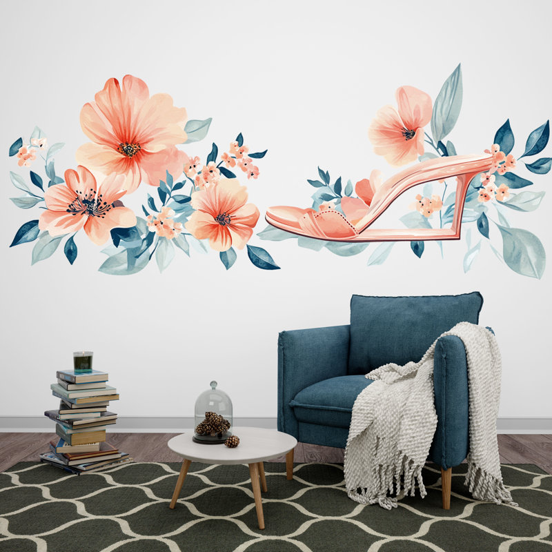 Floral High Heel Wall Decal Fashion Wall Sticker Pink Flower Shoe Mural Room Decor, 100Gm, 18" H x 35" W