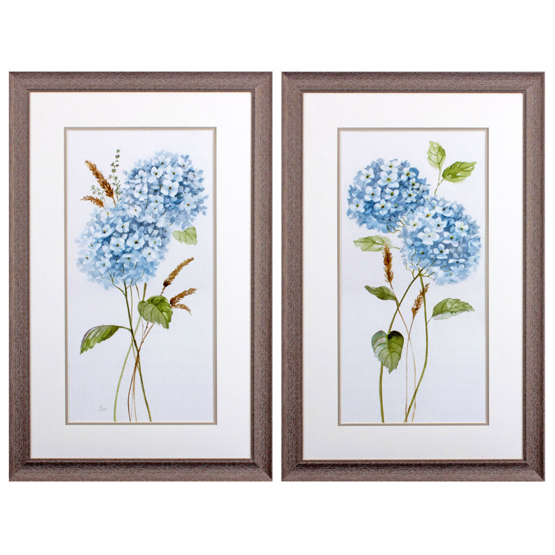 Ensemble de deux petites hortensias bleus, impression encadrée