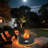 30 In Round Dark Gray Metal Outdoor Propane Fire Pit Table With Golden Led Light Strip