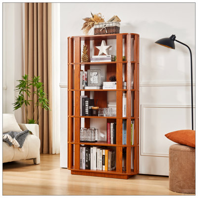 Wooden Oval Open Bookshelf, MDF Grid Frame Freestanding Bookcase, 5-Tier Easy Assembly Storage Display Rack for Living Room Home Office Decor, DIY Free Combination Storage Cabinet Study Room