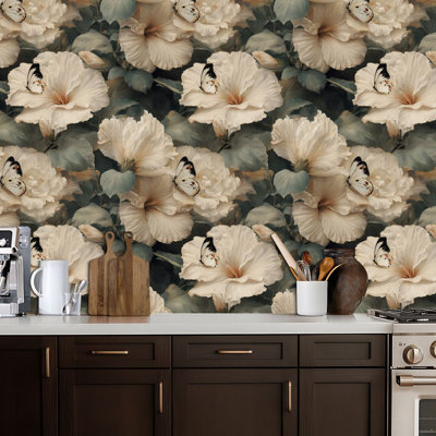 Papier peint adhésif à peler et coller délicat fleurs d'hibiscus crème papillons aux tons pastel doux Papier peint amovible auto-adhésif mural pour armoires de cuisine de chambre à coucher 17,7 po x 118 po