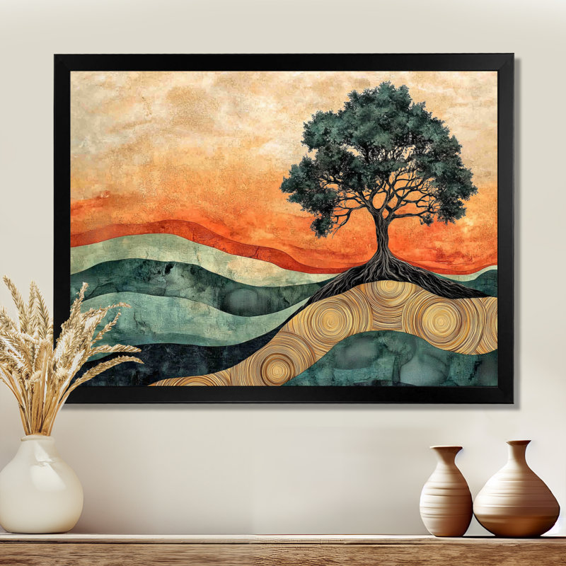 Baobab africain avec des racines de sérénité IV - arbre, art mural, H 24 po x l 32 po, Cadre simple, Noir