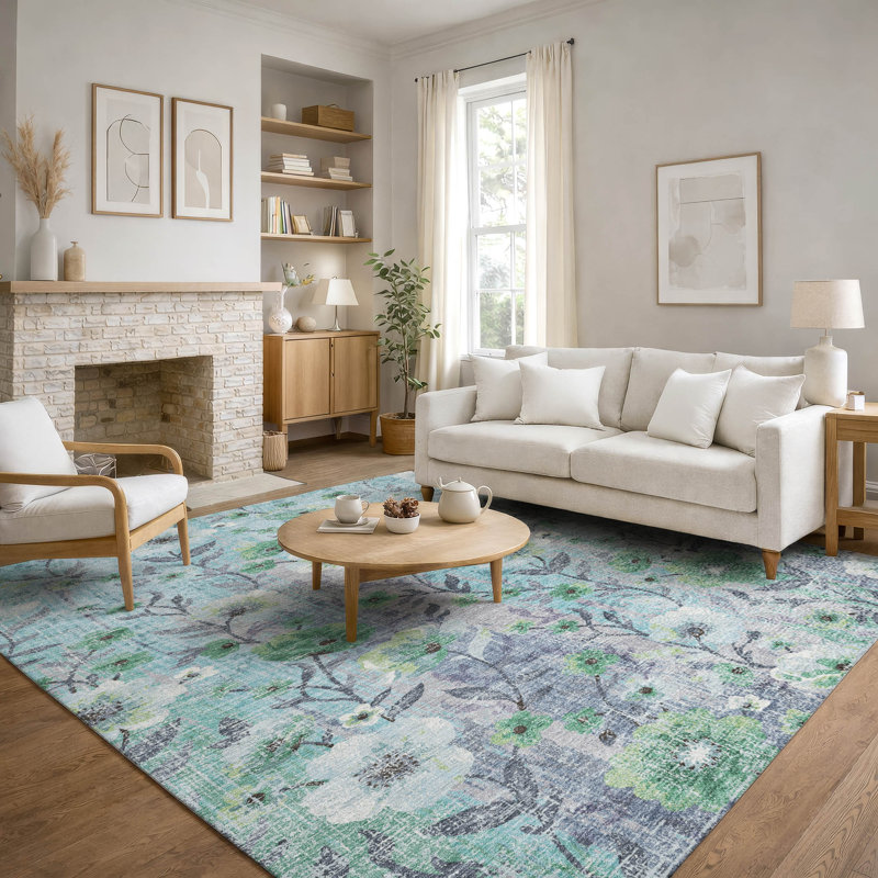 Tapis floral lavable à la machine de qualité supérieure AMF2403, Sarcelle, 9 pi x 12 pi