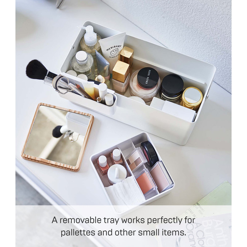 White Steel and Wood Makeup Organizer with Mirror and Handle