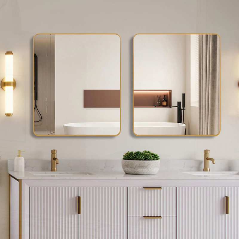 Miroir carré mural en métal pour salle de bain, Doré, 36" x 36"