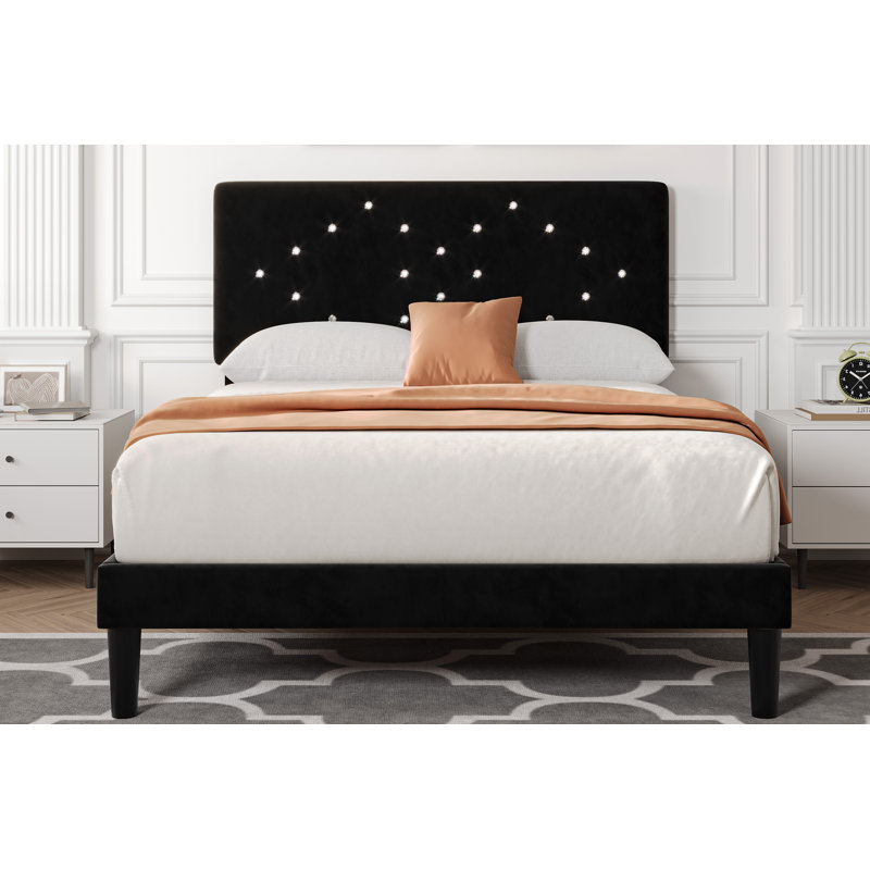 Structure de lit double tapissier pleine grandeur avec tête de lit capitonnée en cristal pour filles, support de lattes en bois, aucun sommier requis, noir