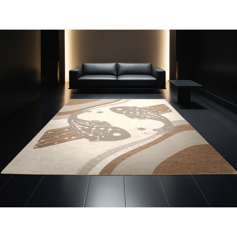 Machine Washable Orlena Coastal Abstract Rug in Beige – Beige Binding, 7 x 10