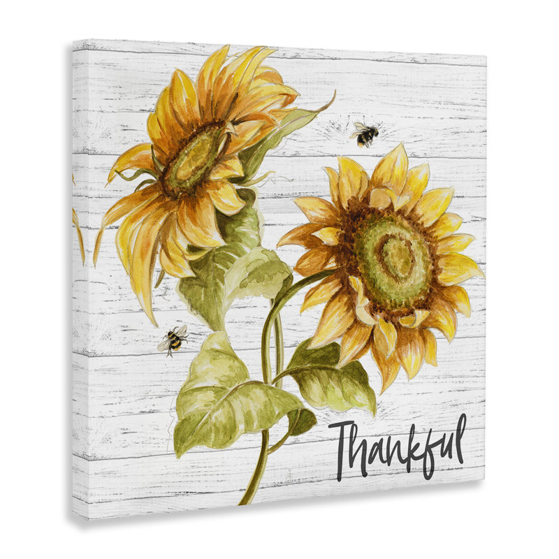 «Thankful Text Country Sunflowers Bumble Bees» par Patricia Pinto - impression d'art graphique, H 24 po x l 24 po x 1,5 po
