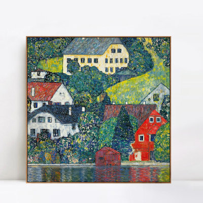 Framed Canvas Giclee Print Houses at Unterach by Gustav Klimt Wall Art for Living Room Home Office Decorations(Wood Colour Slim Frame,16"x16")