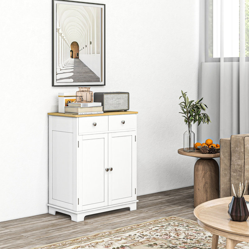 Buffet blanc vieilli - comptoir en bois massif, 2 tiroirs, portes, tablette réglable pour rangement spacieux dans la cuisine