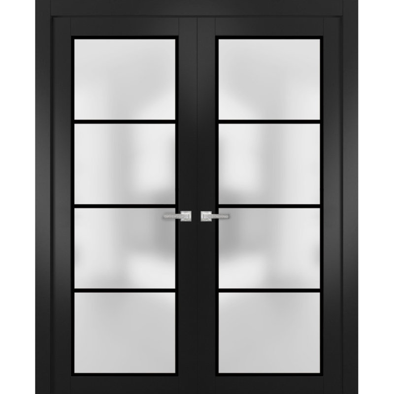 Portes françaises doubles solides | Verre givré Planum 2132 | Garnitures de cadre en bois massif | Portes robustes de chambre à coucher pour garde-robe