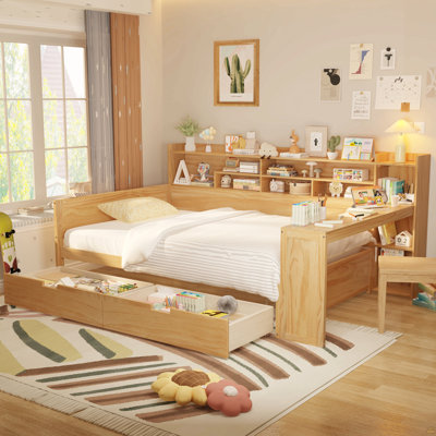 Lit de jour double en bois avec tablettes de rangement, lit multifonctionnel avec deux tiroirs de rangement et bureau d'étude