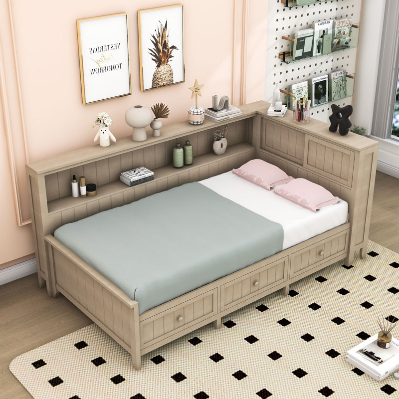 Lit de jour en bois avec tablettes et tiroirs de rangement, Simple