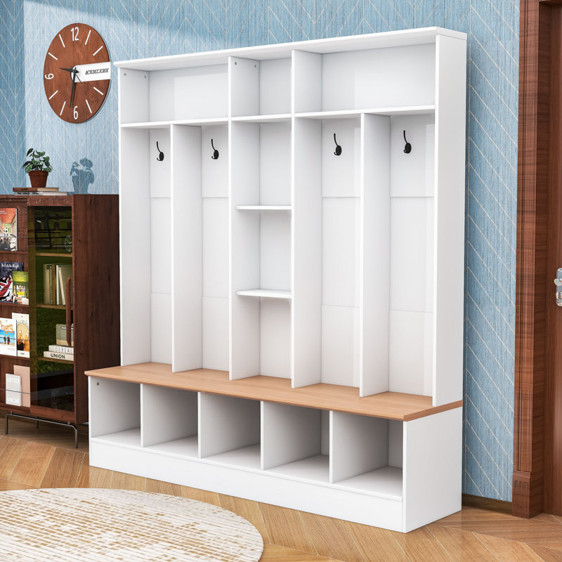 Elegant Hall Tree with Wood-Grain Finish, Shoe Bench, Storage Cubes & Shelves, White