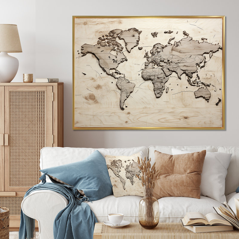 Carte du monde rustique sur toile, H 24 po x l 32 po x P 1 po, Cadre flottant doré