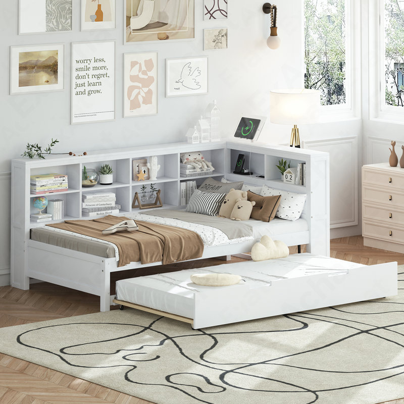 Wooden Twin Size Daybed With Twin Trundle, Daybed With Storage Shelf And USB Charging Ports,White