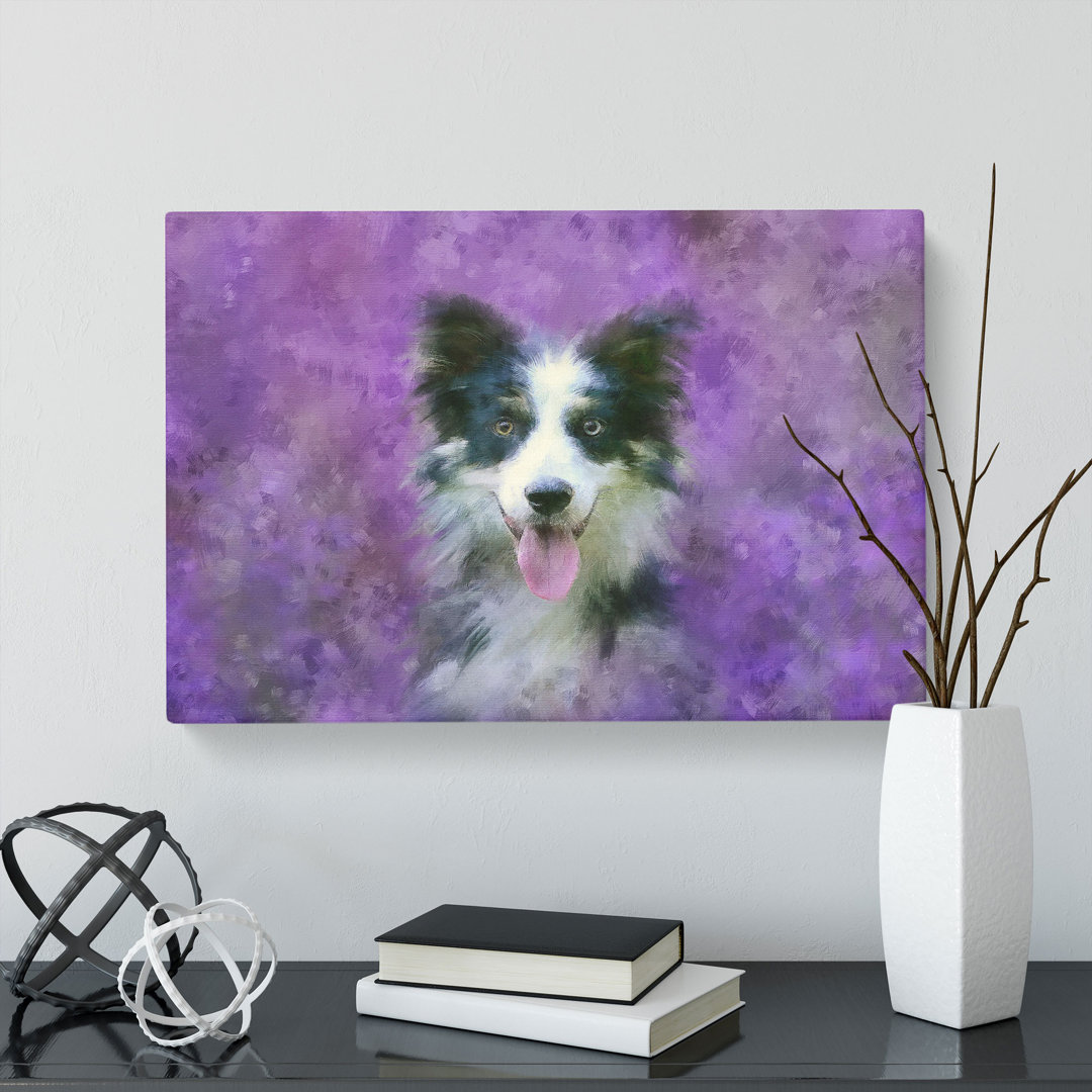 Border Collie In The Purple Flowers Painting - Wrapped Canvas