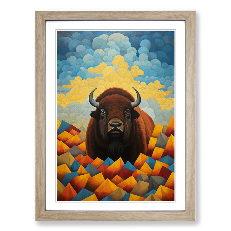 Bison Dadaism Art - Framed Print, 34cm H x 25cm W x 2cm D, Oak Framed