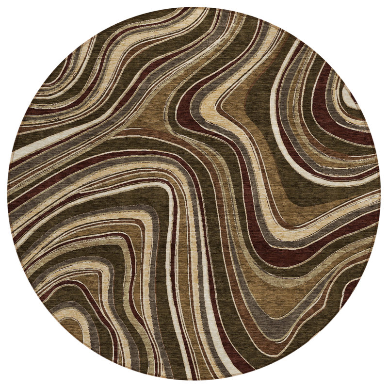 Tapis d'intérieur rond lavable abstrait brun et ivoire 8 pi