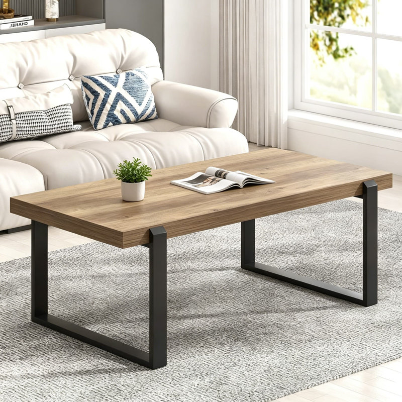Table basse rustique, centre industriel moderne en bois et métal pour le salon, plateau rectangulaire en chêne de 47 pouces avec structure en métal noir robuste