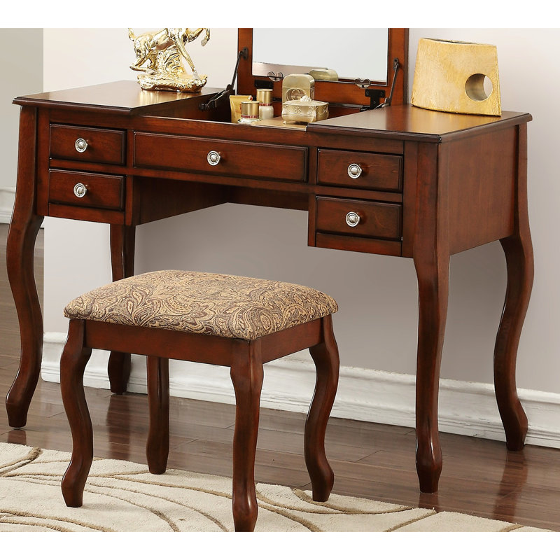 Meuble-lavabo de chambre à coucher avec tabouret, finition cerisier, design élégant, panneau rabattable, bois de peuplier de couleur blanche, style moderne, siège confortable, structure en contreplaqué