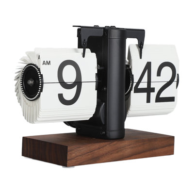Digital Flip Clock 12h Single Sided Large Numbers Automatic Retro Mechanical Wood Base for Living Room Black Frame White Page