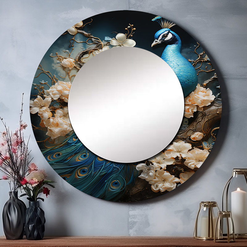 Peacock Encaustic Portrait I - miroir mural paon, miroir décoratif rond bleu, impression d'art en métal, 29 po x 29 po