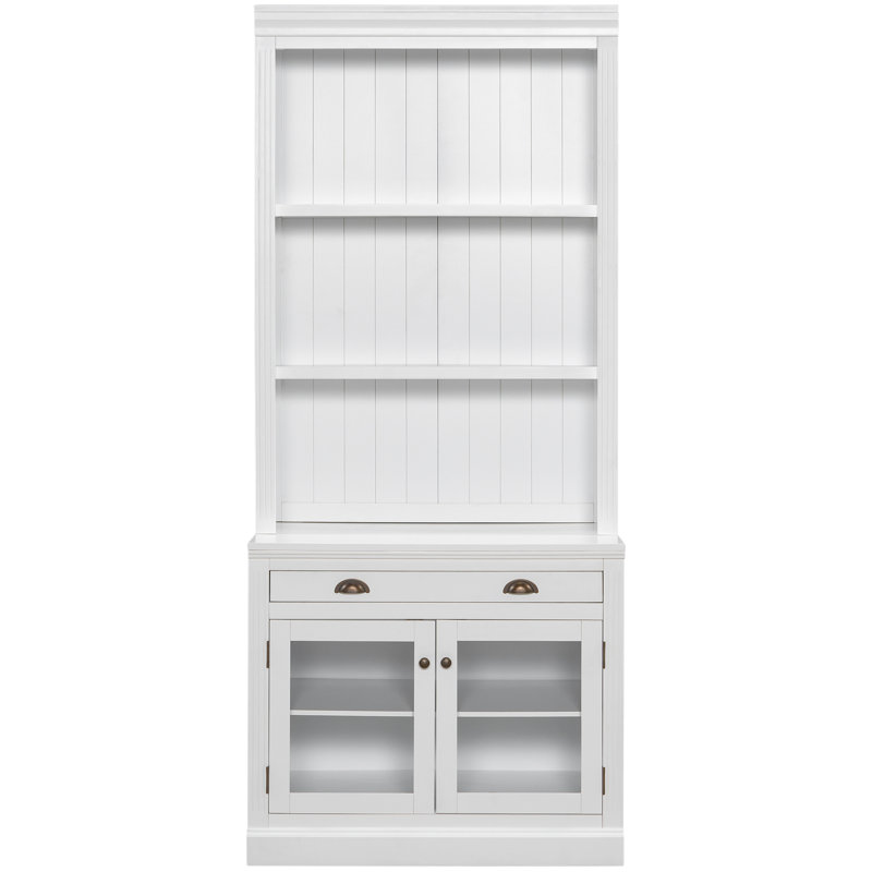 Bibliothèque blanche moderne de 83,4 po de hauteur avec 2 portes en verre trempé, 1 tiroir, tablette ajustable et quincaillerie de tiroir d'oxydation en bois massif, 3 tablettes ouvertes pour l'organisation de la chambre à coucher